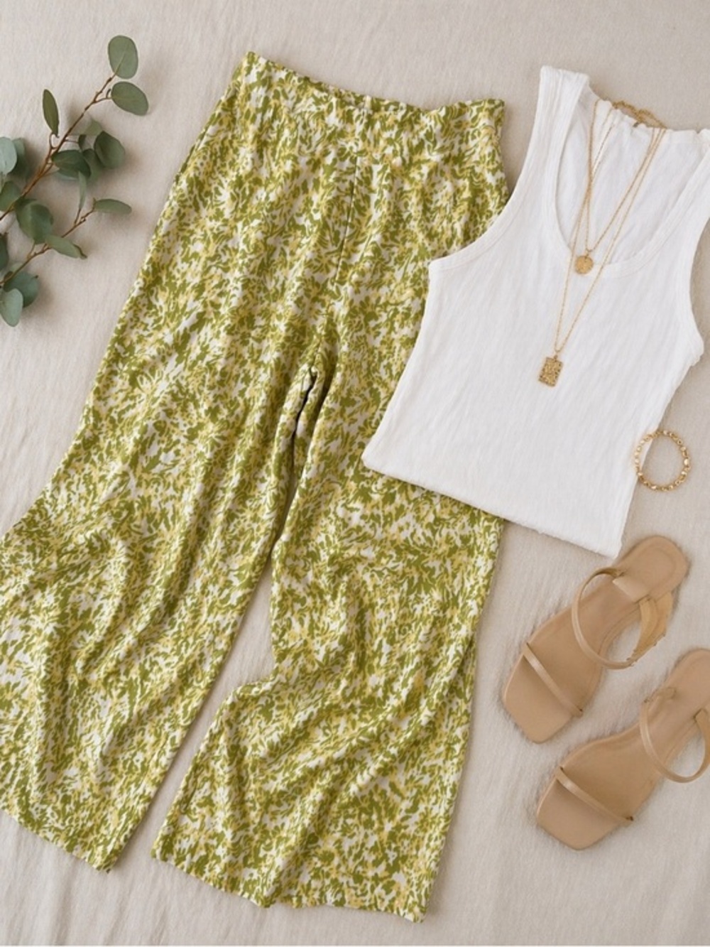 Open Edit Wide Leg Pants Small Green Leaf Print Flowy Relaxed Resort Lounge